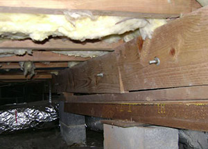 sagging crawl space with wooden shimming a Ladson crawl space