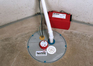 A sump pump system with a battery backup system installed in Bluffton